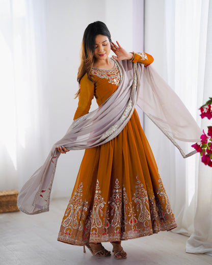 Mustard Yellow color Heavy Georgette Embroidery Sequence Anarkali Gown Pant and Dupatta