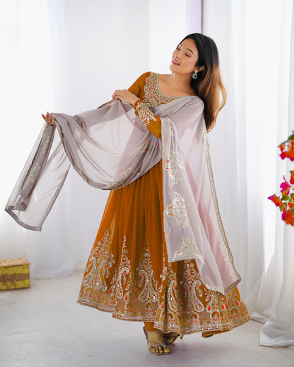 Mustard Yellow color Heavy Georgette Embroidery Sequence Anarkali Gown Pant and Dupatta