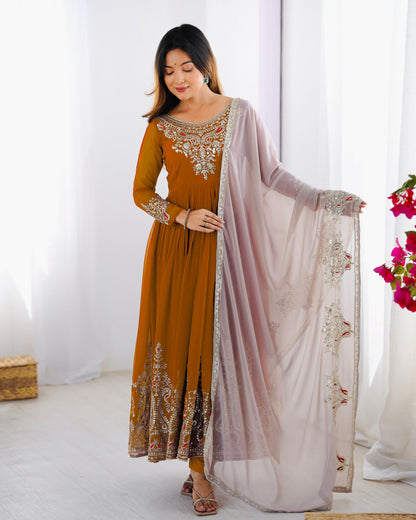 Mustard Yellow color Heavy Georgette Embroidery Sequence Anarkali Gown Pant and Dupatta