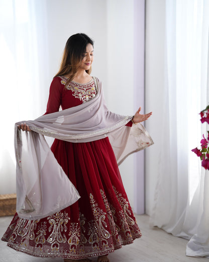 Maroon color Heavy Georgette Embroidery Sequence Anarkali Gown Pant and Dupatta