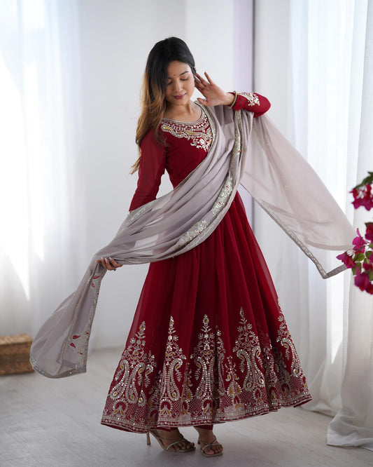 Maroon color Heavy Georgette Embroidery Sequence Anarkali Gown Pant and Dupatta