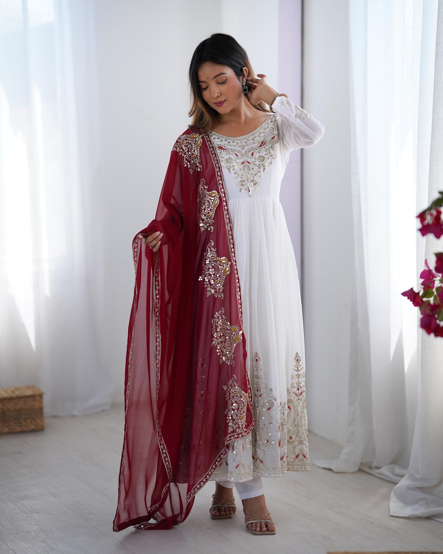 White Colour Heavy Georgette Embroidery Sequence Anarkali Gown Pant and Dupatta