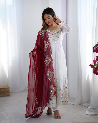 White Colour Heavy Georgette Embroidery Sequence Anarkali Gown Pant and Dupatta