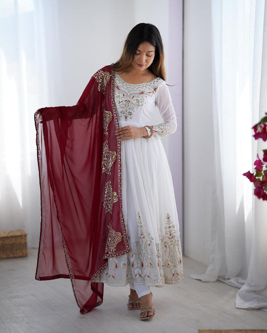 White Colour Heavy Georgette Embroidery Sequence Anarkali Gown Pant and Dupatta