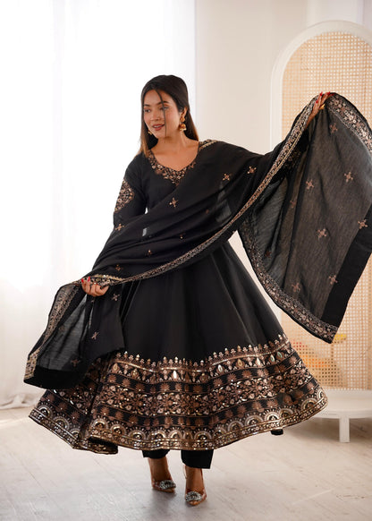 Black Colour Roman Silk Embroidery Sequence Designer Party Wear Anarkali Gown Pant with Dupatta