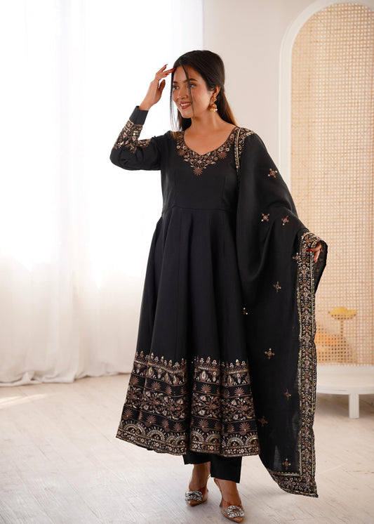 Black Colour Roman Silk Embroidery Sequence Designer Party Wear Anarkali Gown Pant with Dupatta
