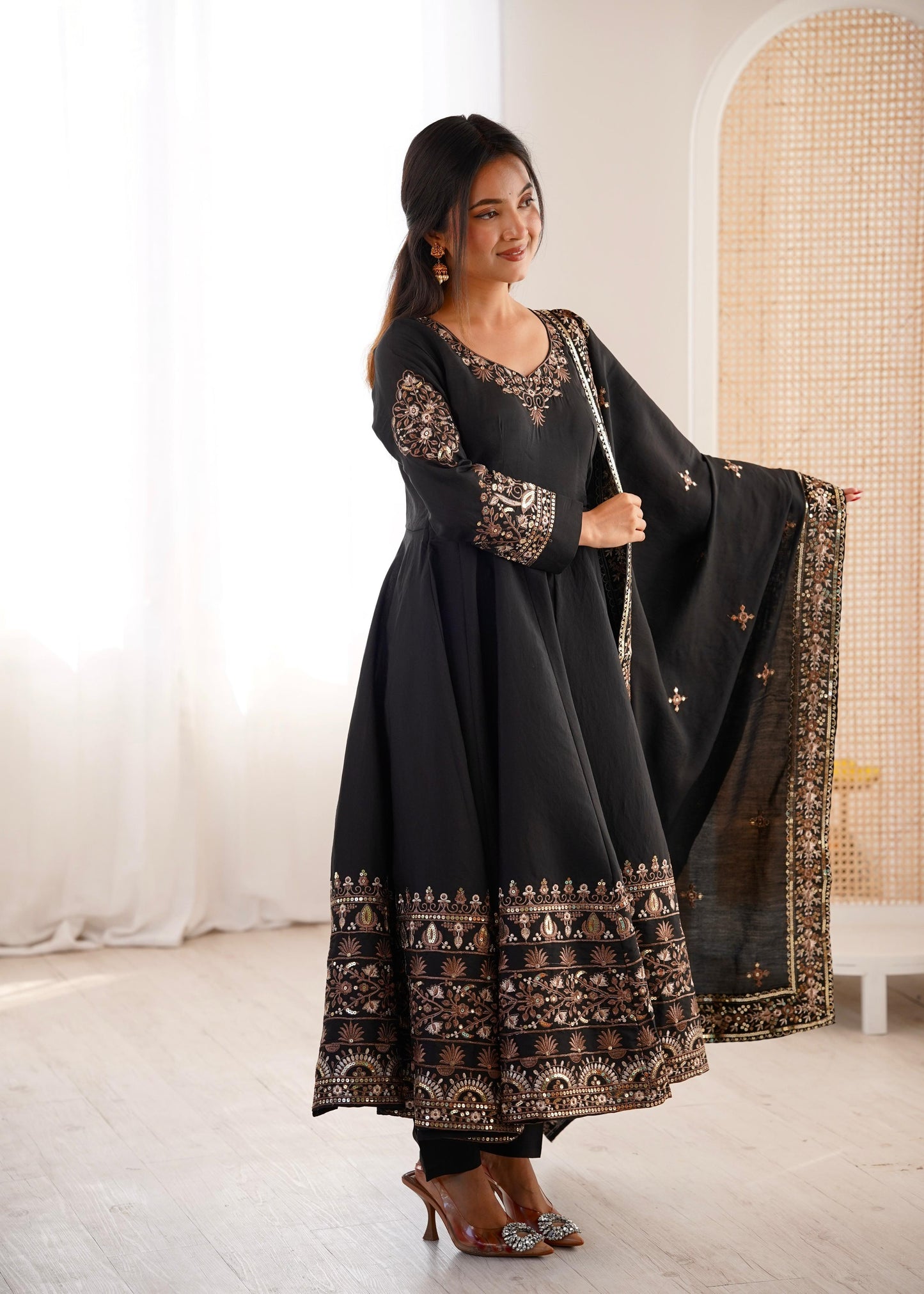 Black Colour Roman Silk Embroidery Sequence Designer Party Wear Anarkali Gown Pant with Dupatta