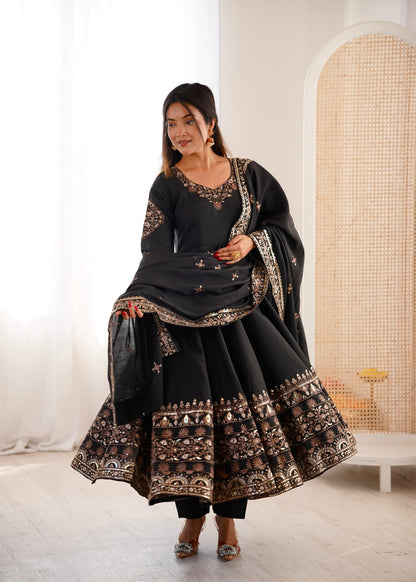 Black Colour Roman Silk Embroidery Sequence Designer Party Wear Anarkali Gown Pant with Dupatta