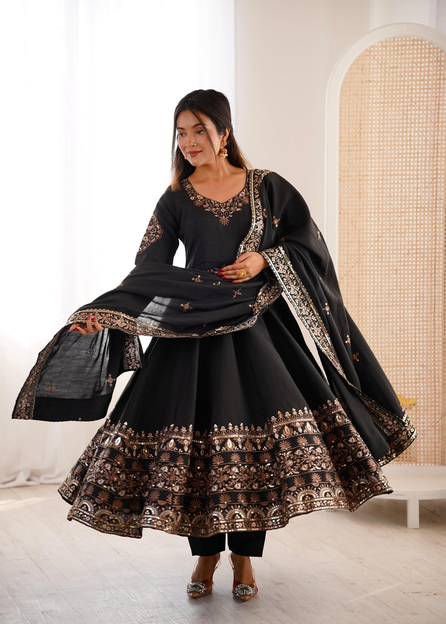Black Colour Roman Silk Embroidery Sequence Designer Party Wear Anarkali Gown Pant with Dupatta