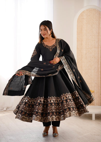 Black Colour Roman Silk Embroidery Sequence Designer Party Wear Anarkali Gown Pant with Dupatta