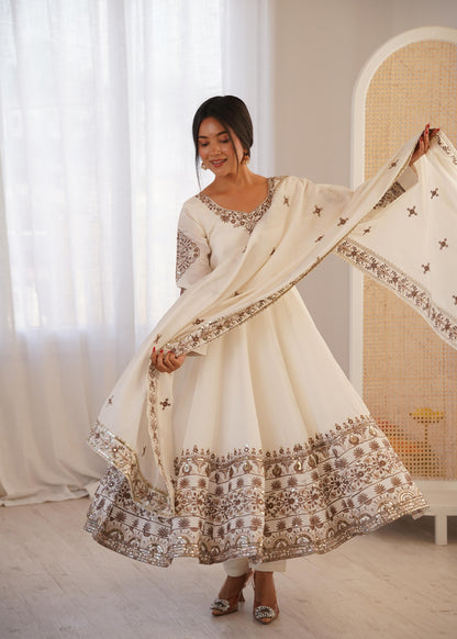 White Colour Roman Silk Embroidery Sequence Designer Party Wear Anarkali Gown Pant with Dupatta