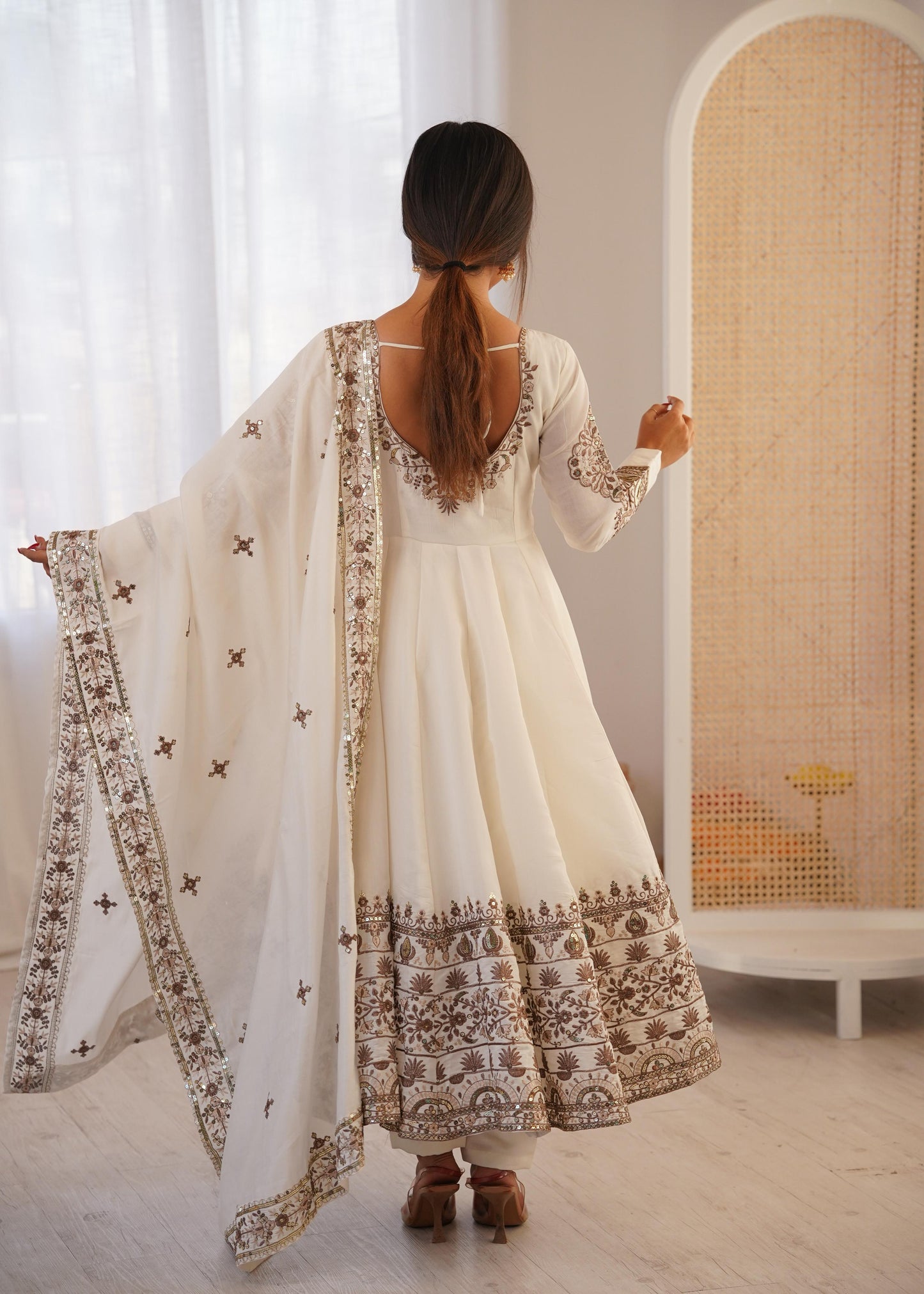 White Colour Roman Silk Embroidery Sequence Designer Party Wear Anarkali Gown Pant with Dupatta
