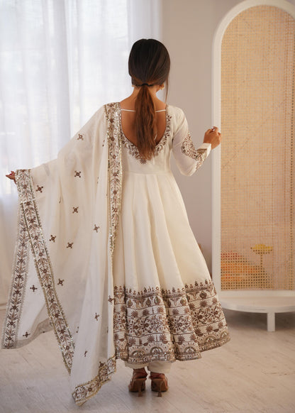 White Colour Roman Silk Embroidery Sequence Designer Party Wear Anarkali Gown Pant with Dupatta