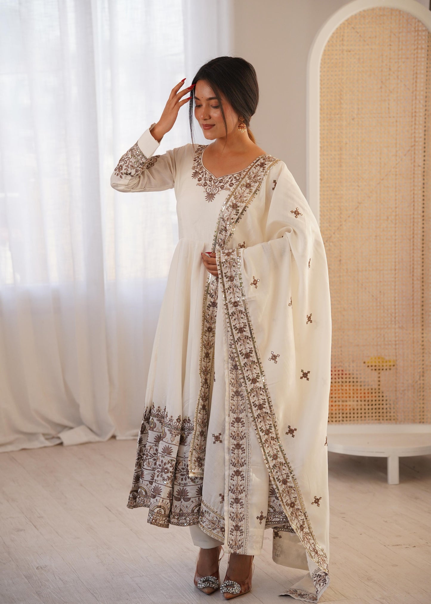 White Colour Roman Silk Embroidery Sequence Designer Party Wear Anarkali Gown Pant with Dupatta