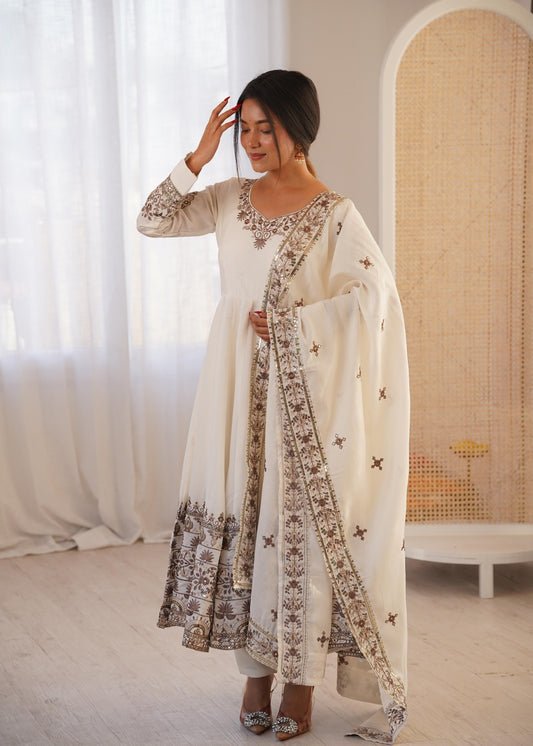 White Colour Roman Silk Embroidery Sequence Designer Party Wear Anarkali Gown Pant with Dupatta
