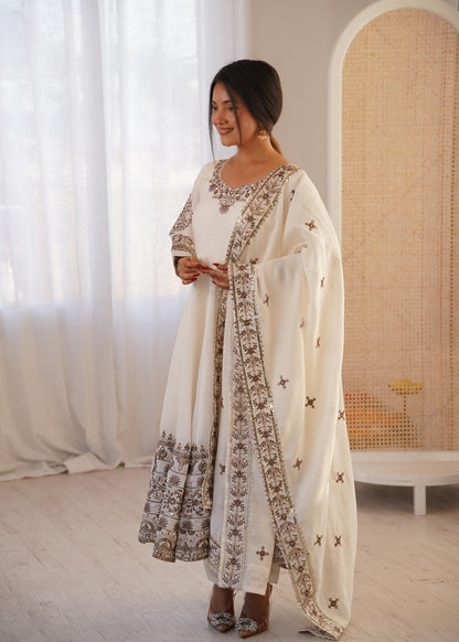 White Colour Roman Silk Embroidery Sequence Designer Party Wear Anarkali Gown Pant with Dupatta