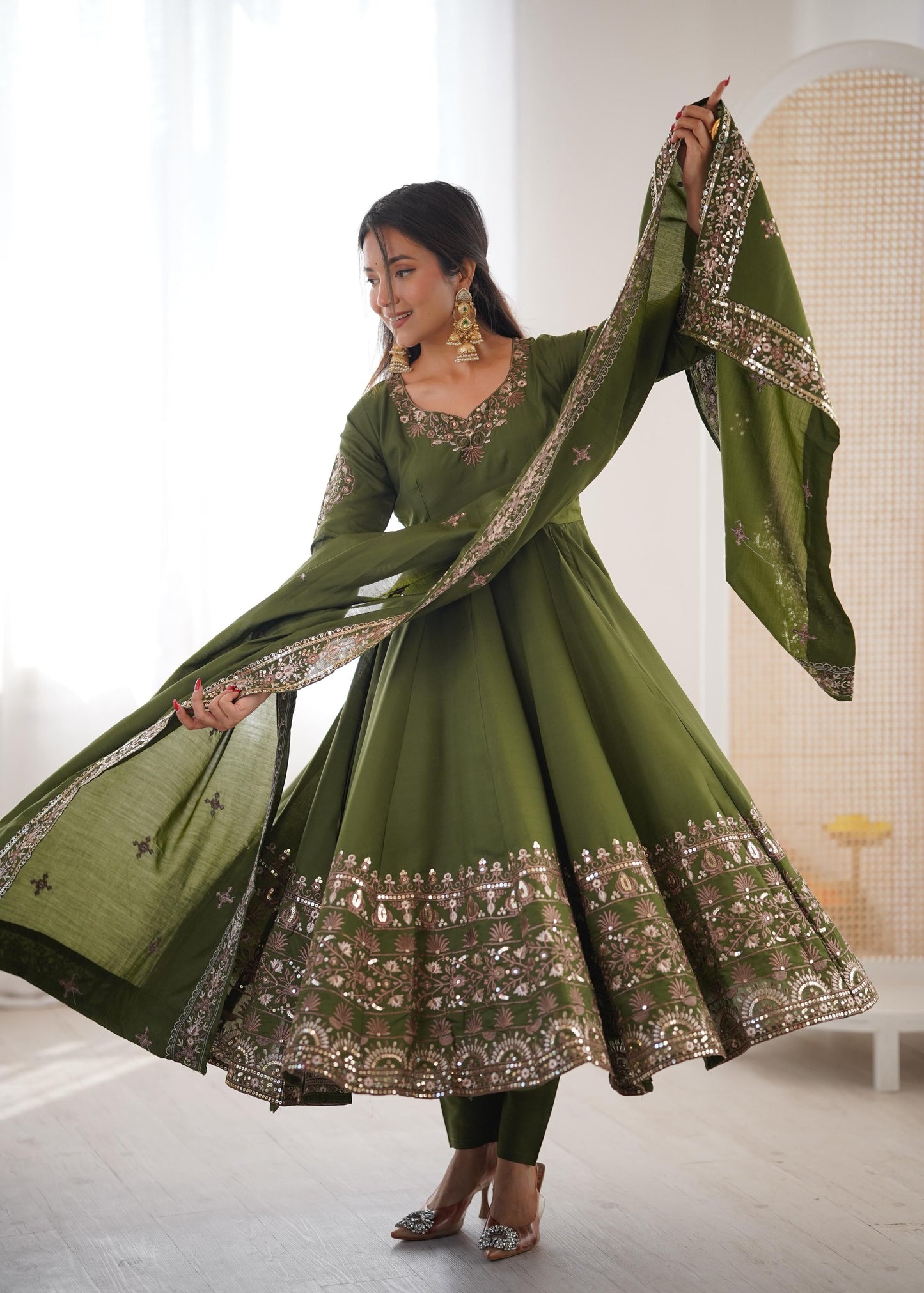Mehndi Green Colour Roman Silk Embroidery Sequence Designer Party Wear Anarkali Gown Pant with Dupatta