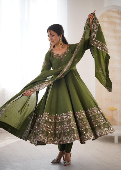Mehndi Green Colour Roman Silk Embroidery Sequence Designer Party Wear Anarkali Gown Pant with Dupatta