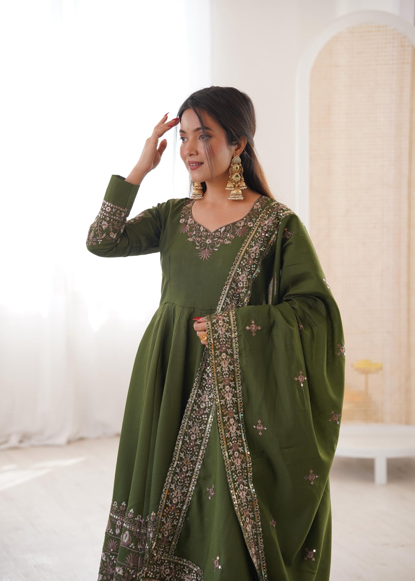 Mehndi Green Colour Roman Silk Embroidery Sequence Designer Party Wear Anarkali Gown Pant with Dupatta
