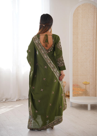 Mehndi Green Colour Roman Silk Embroidery Sequence Designer Party Wear Anarkali Gown Pant with Dupatta