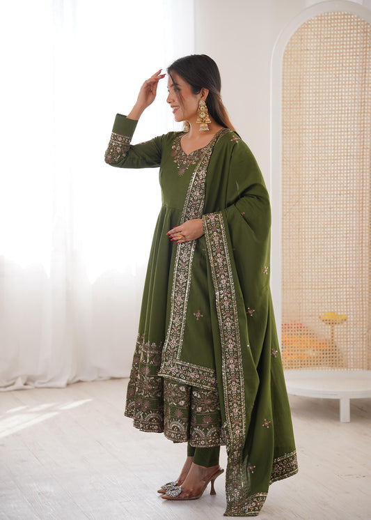 Mehndi Green Colour Roman Silk Embroidery Sequence Designer Party Wear Anarkali Gown Pant with Dupatta