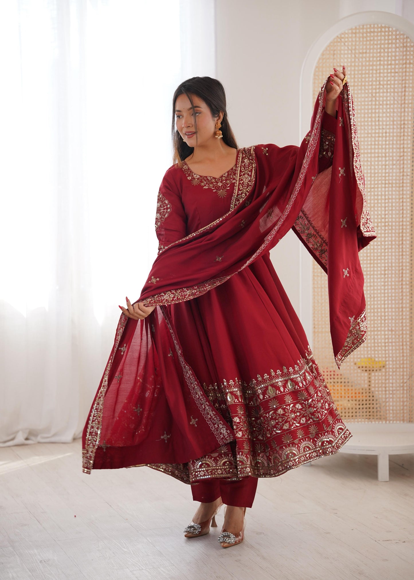 Maroon Colour Roman Silk Embroidery Sequence Designer Party Wear Anarkali Gown Pant with Dupatta