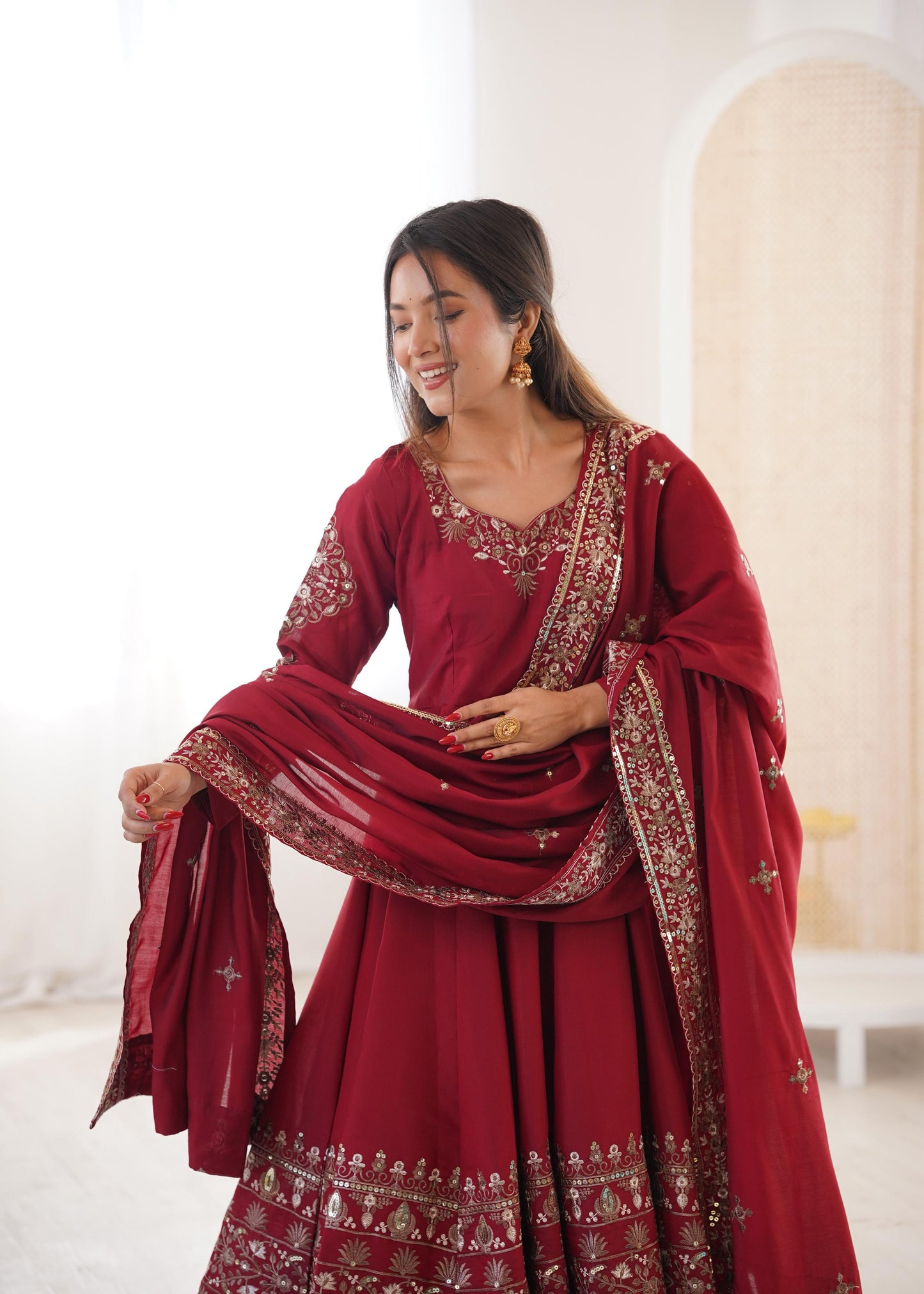 Maroon Colour Roman Silk Embroidery Sequence Designer Party Wear Anarkali Gown Pant with Dupatta