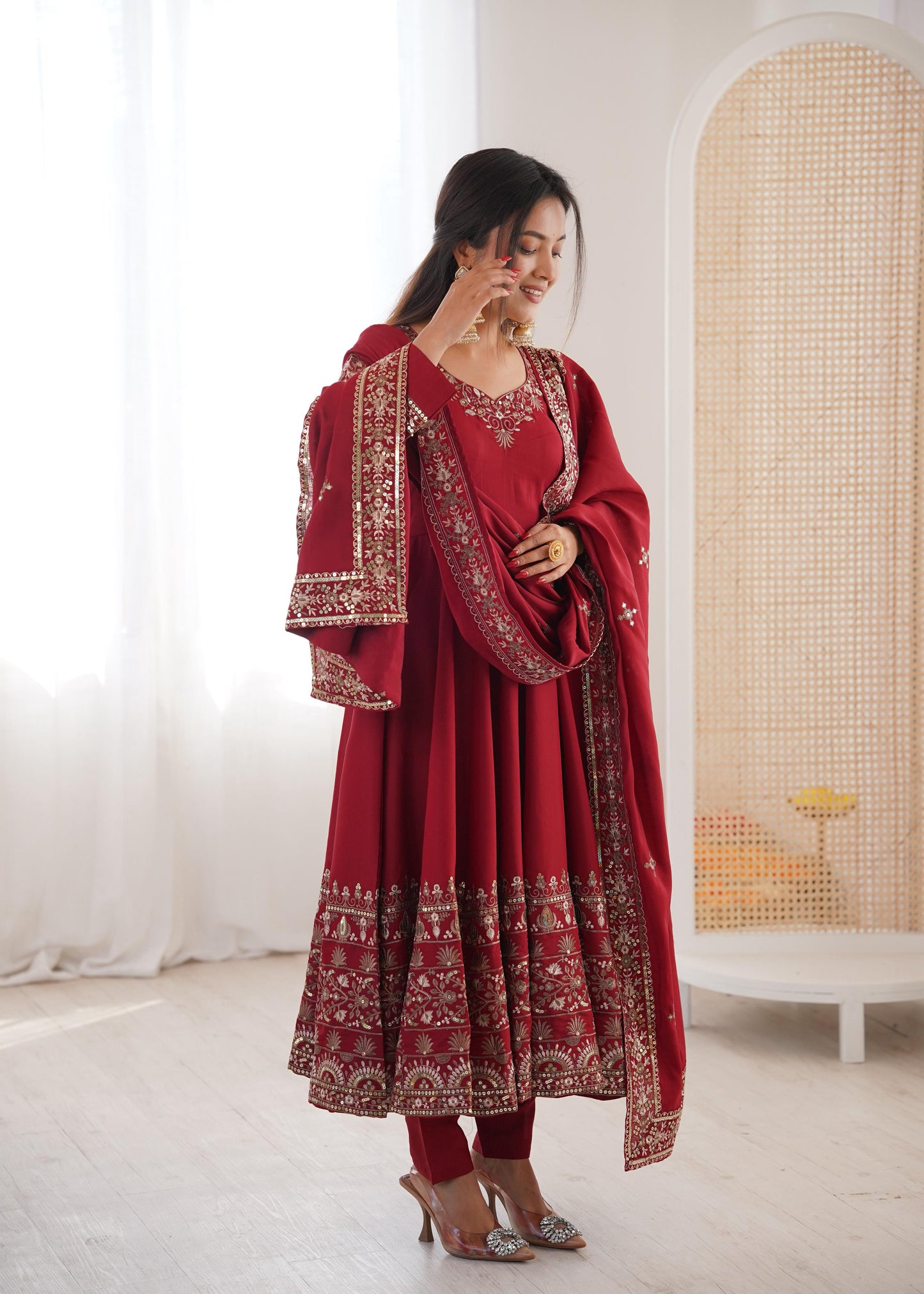 Maroon Colour Roman Silk Embroidery Sequence Designer Party Wear Anarkali Gown Pant with Dupatta