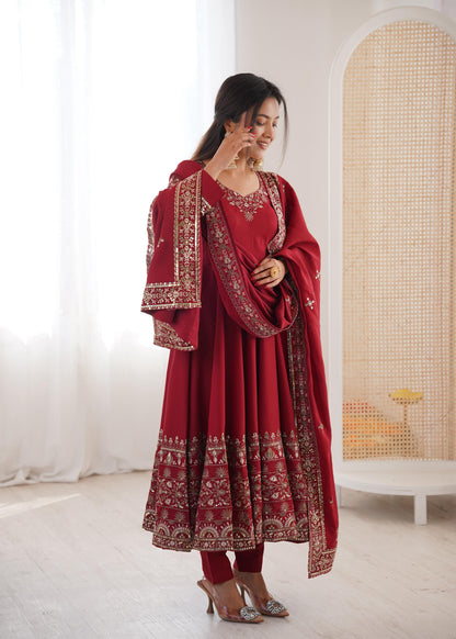 Maroon Colour Roman Silk Embroidery Sequence Designer Party Wear Anarkali Gown Pant with Dupatta