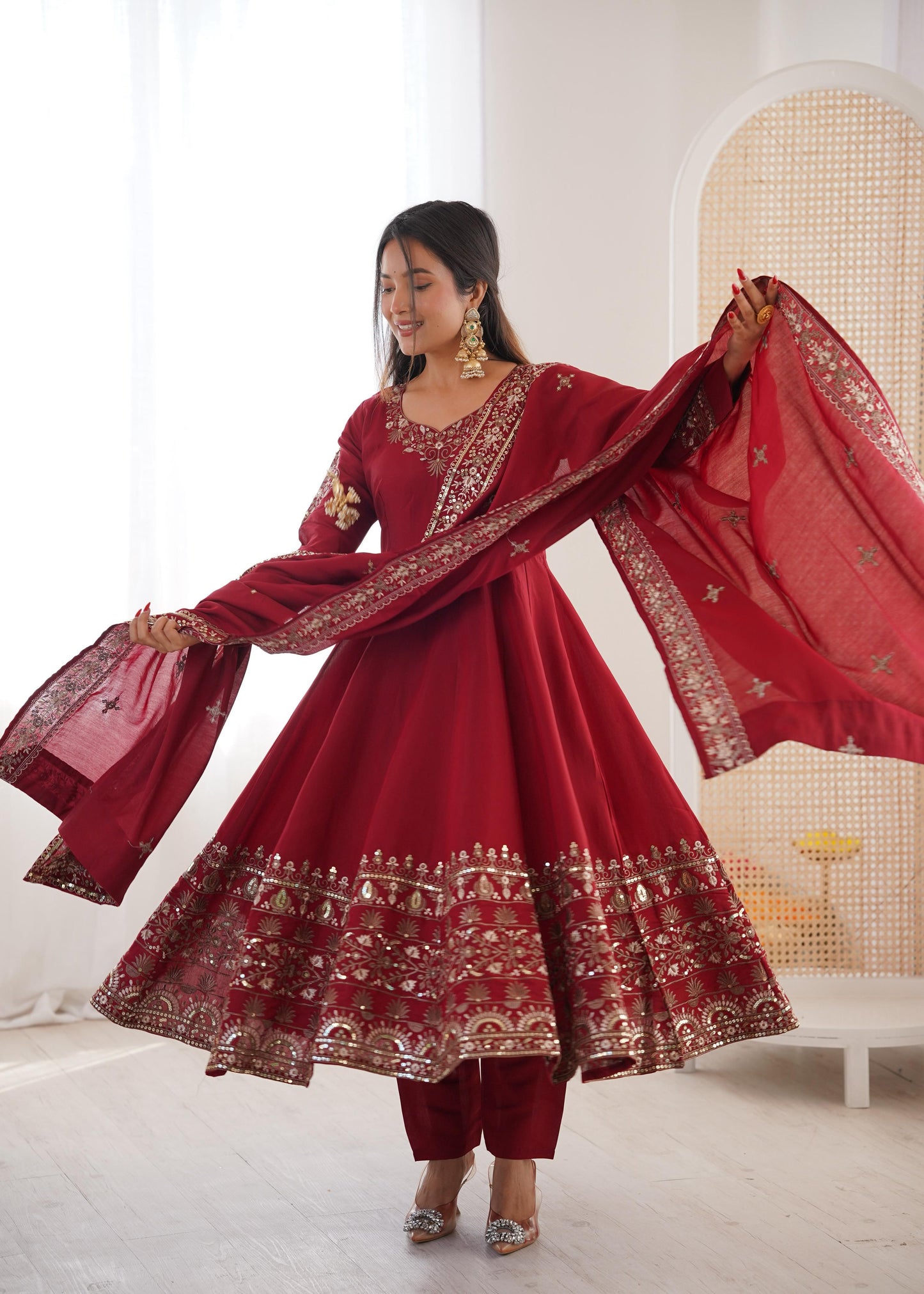 Maroon Colour Roman Silk Embroidery Sequence Designer Party Wear Anarkali Gown Pant with Dupatta