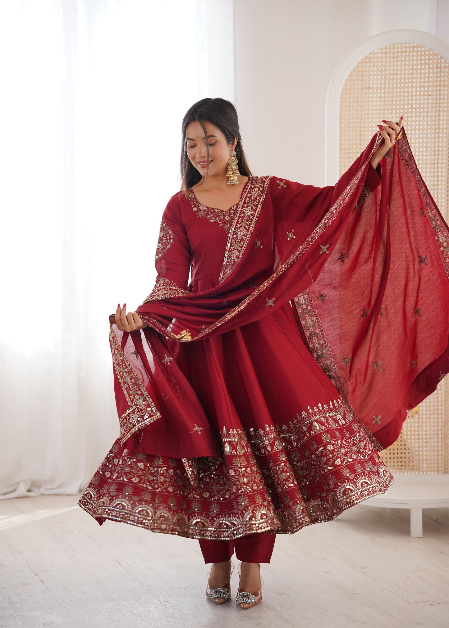 Maroon Colour Roman Silk Embroidery Sequence Designer Party Wear Anarkali Gown Pant with Dupatta