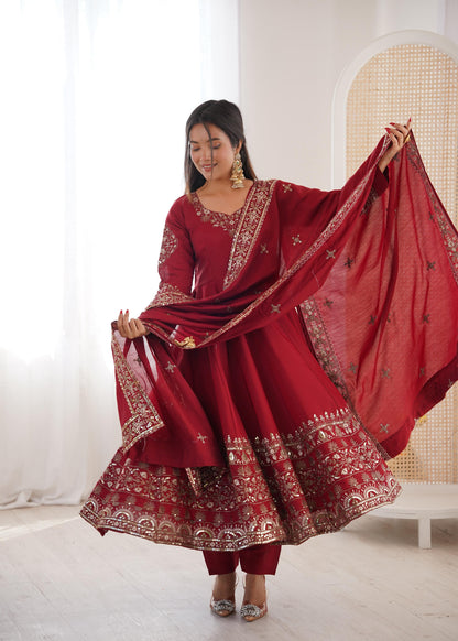 Maroon Colour Roman Silk Embroidery Sequence Designer Party Wear Anarkali Gown Pant with Dupatta
