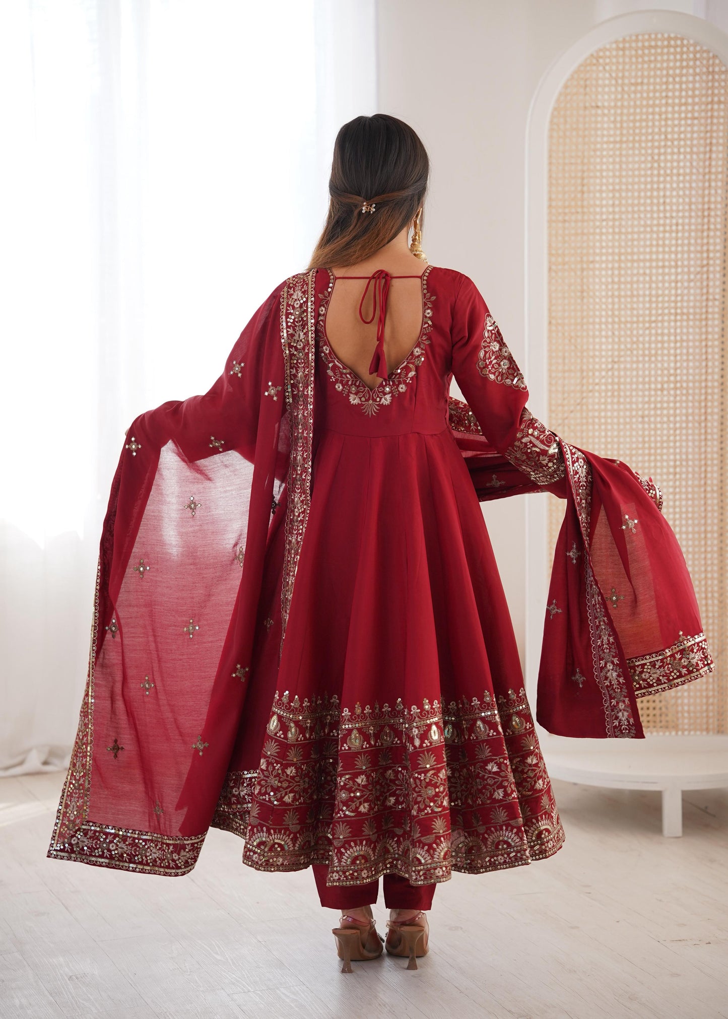 Maroon Colour Roman Silk Embroidery Sequence Designer Party Wear Anarkali Gown Pant with Dupatta