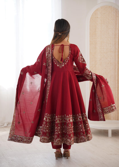Maroon Colour Roman Silk Embroidery Sequence Designer Party Wear Anarkali Gown Pant with Dupatta