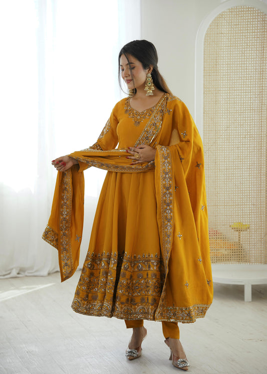Yellow Colour Roman Silk Embroidery Sequence Designer Party Wear Anarkali Gown Pant with Dupatta