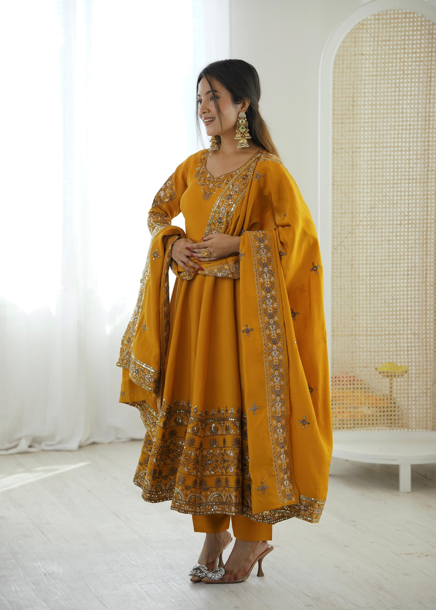 Yellow Colour Roman Silk Embroidery Sequence Designer Party Wear Anarkali Gown Pant with Dupatta