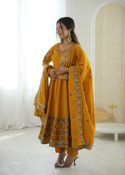 Yellow Colour Roman Silk Embroidery Sequence Designer Party Wear Anarkali Gown Pant with Dupatta