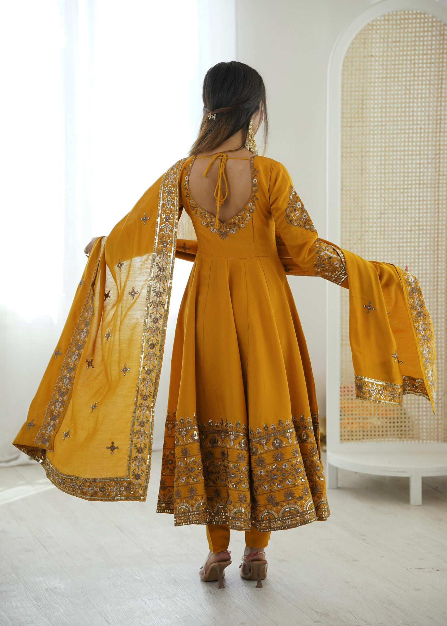 Yellow Colour Roman Silk Embroidery Sequence Designer Party Wear Anarkali Gown Pant with Dupatta