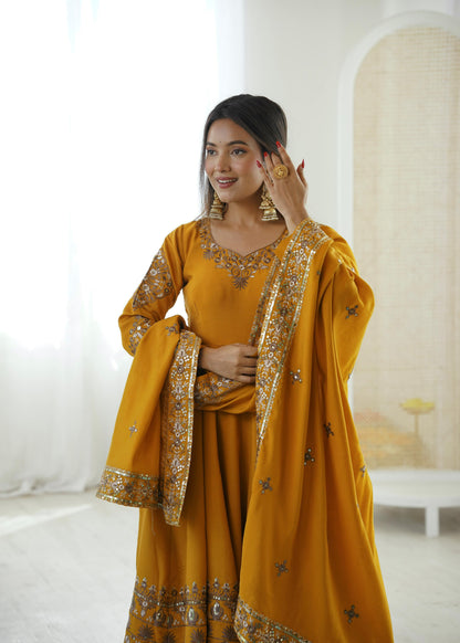 Yellow Colour Roman Silk Embroidery Sequence Designer Party Wear Anarkali Gown Pant with Dupatta