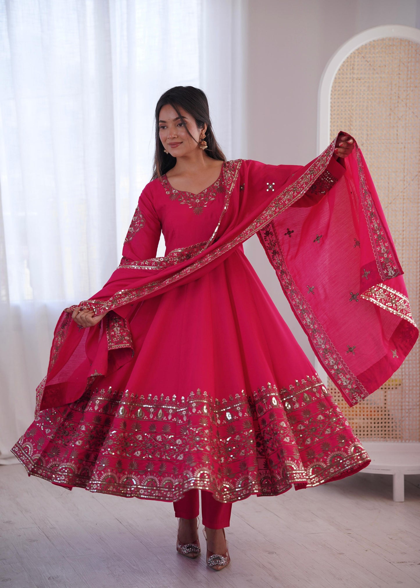 Pink Colour Roman Silk Embroidery Sequence Designer Party Wear Anarkali Gown Pant with Dupatta
