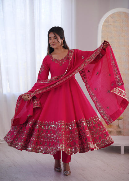 Pink Colour Roman Silk Embroidery Sequence Designer Party Wear Anarkali Gown Pant with Dupatta