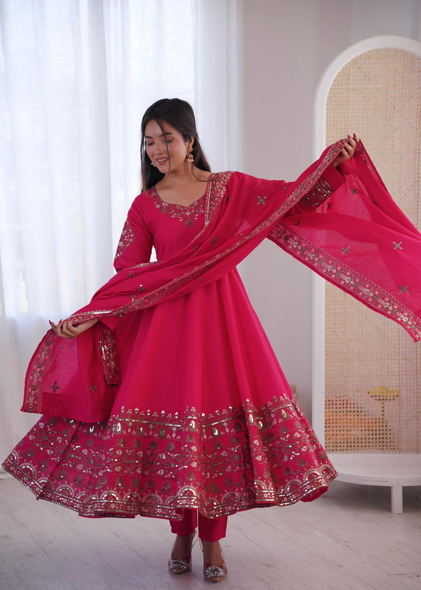 Pink Colour Roman Silk Embroidery Sequence Designer Party Wear Anarkali Gown Pant with Dupatta