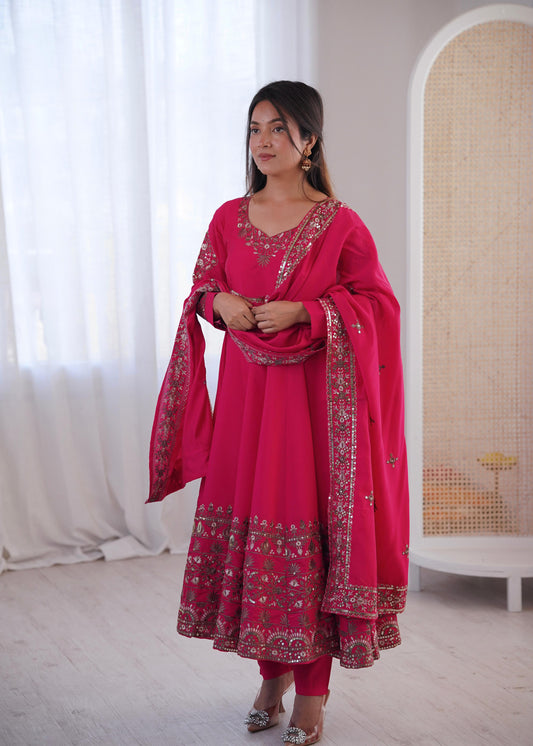 Pink Colour Roman Silk Embroidery Sequence Designer Party Wear Anarkali Gown Pant with Dupatta