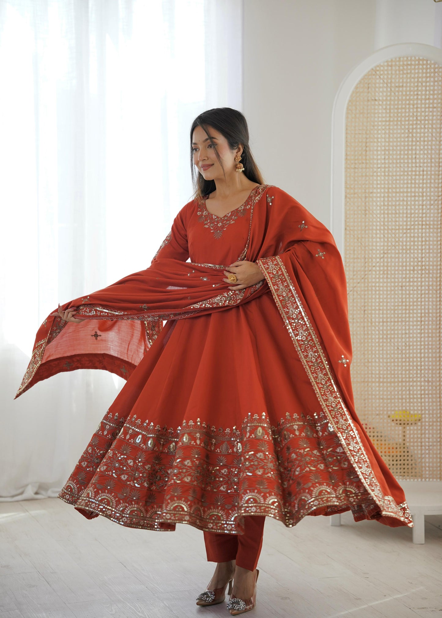 Rust Orange Colour Roman Silk Embroidery Sequence Designer Party Wear Anarkali Gown Pant with Dupatta