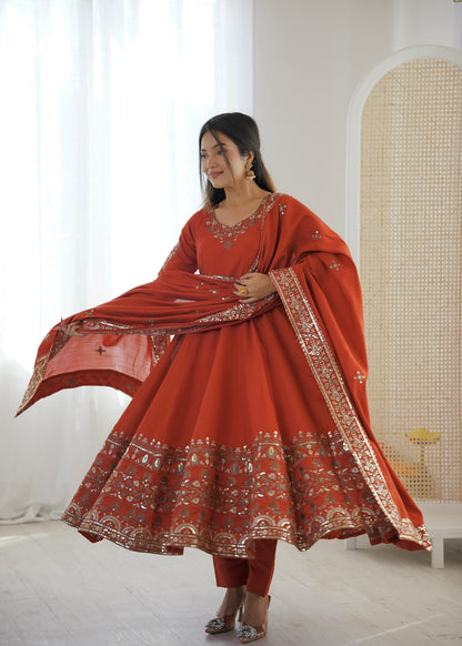 Rust Orange Colour Roman Silk Embroidery Sequence Designer Party Wear Anarkali Gown Pant with Dupatta