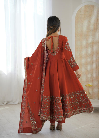 Rust Orange Colour Roman Silk Embroidery Sequence Designer Party Wear Anarkali Gown Pant with Dupatta