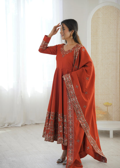 Rust Orange Colour Roman Silk Embroidery Sequence Designer Party Wear Anarkali Gown Pant with Dupatta