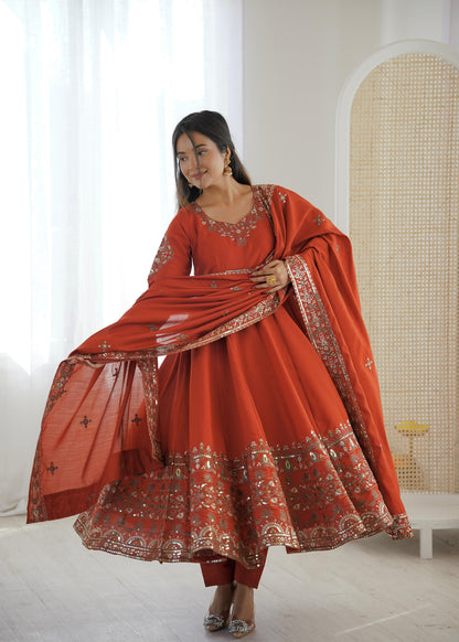 Rust Orange Colour Roman Silk Embroidery Sequence Designer Party Wear Anarkali Gown Pant with Dupatta