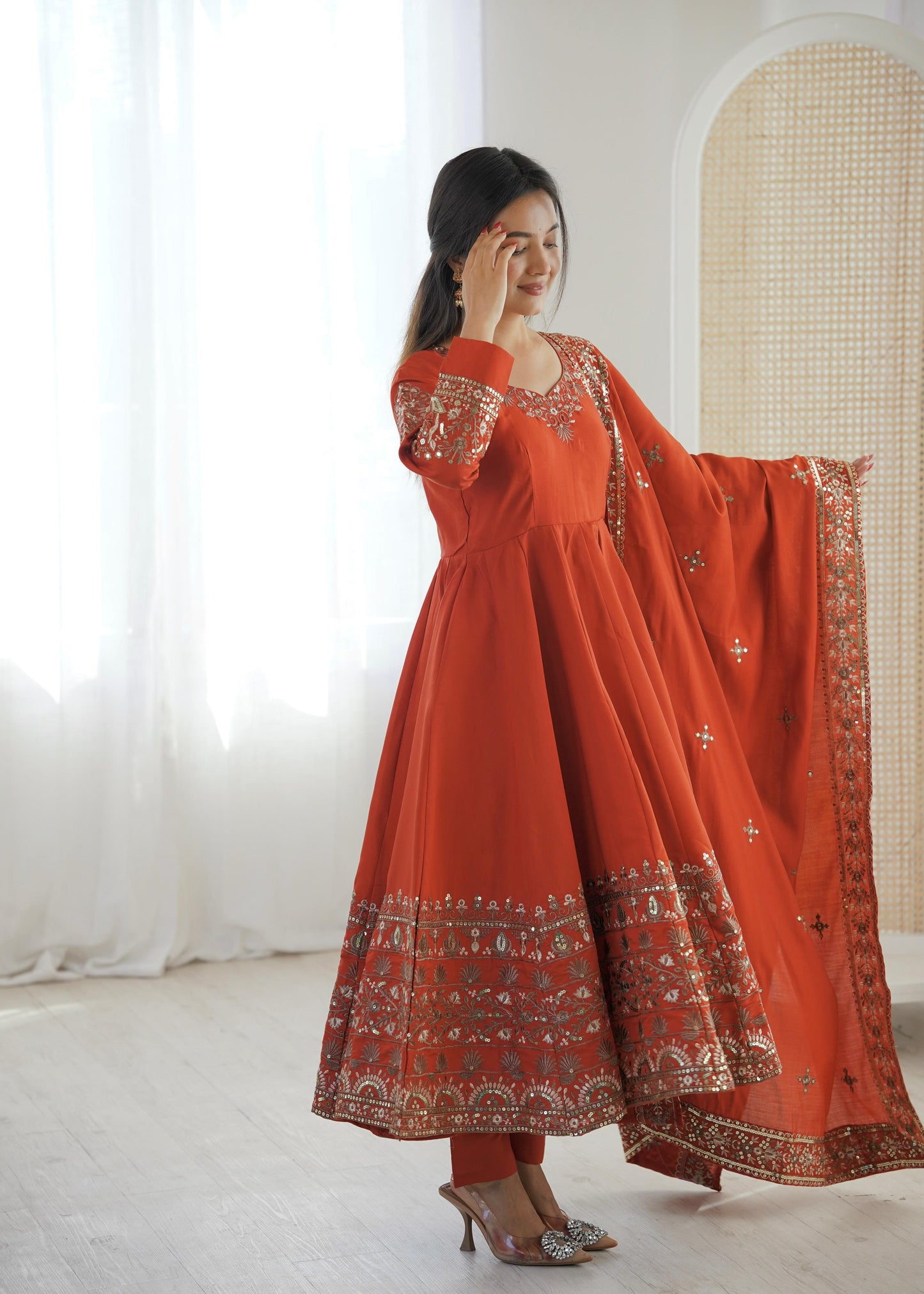 Rust Orange Colour Roman Silk Embroidery Sequence Designer Party Wear Anarkali Gown Pant with Dupatta