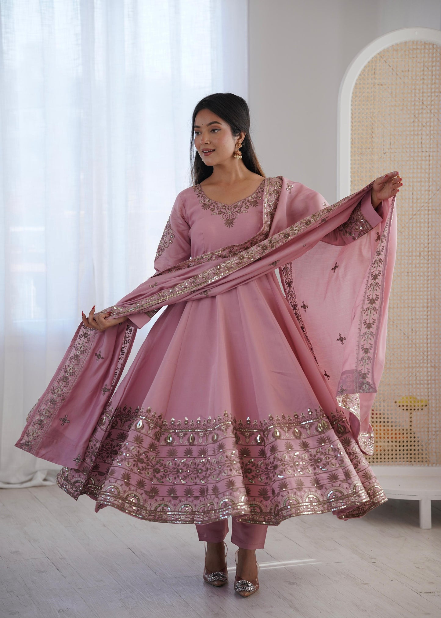 Onion Pink Colour Roman Silk Embroidery Sequence Designer Party Wear Anarkali Gown Pant with Dupatta